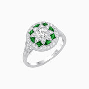 Art Deco Inspired Round Cut Halo Ring with Calibré Gemstone Accents - Shahin Jewelry